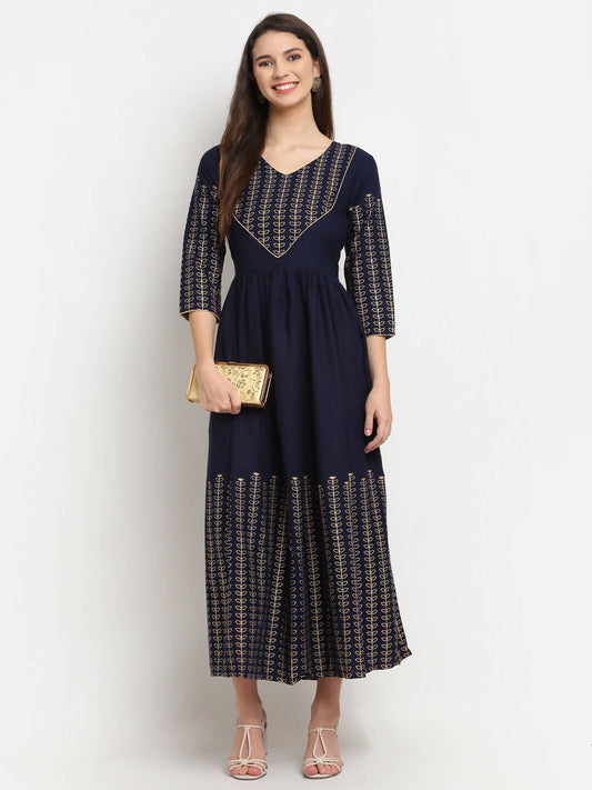 Rudra Bazaar Gold Printed A-line flared Blue kurti
