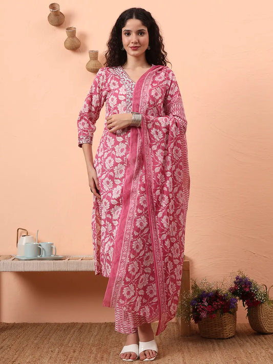 Yufta Lavender Pure Cotton Straight Floral,Kantha Work Kurta Pant Set