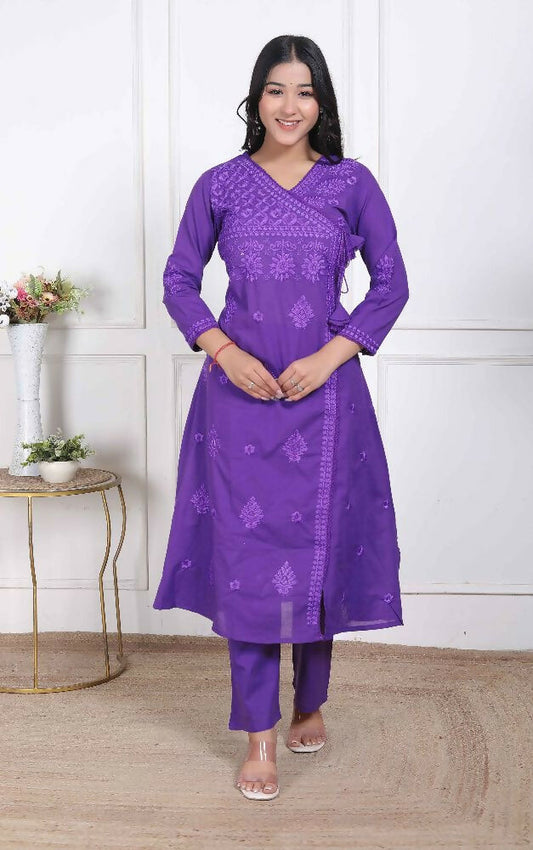 Miravan Womens Purple Floral Printed Angrakha Style Kurta With Palazzo