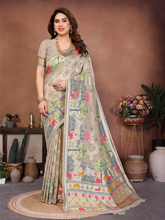 Teeya Creation New Latest Trendy Wedding Wear Pashmina Silk Saree-Cream