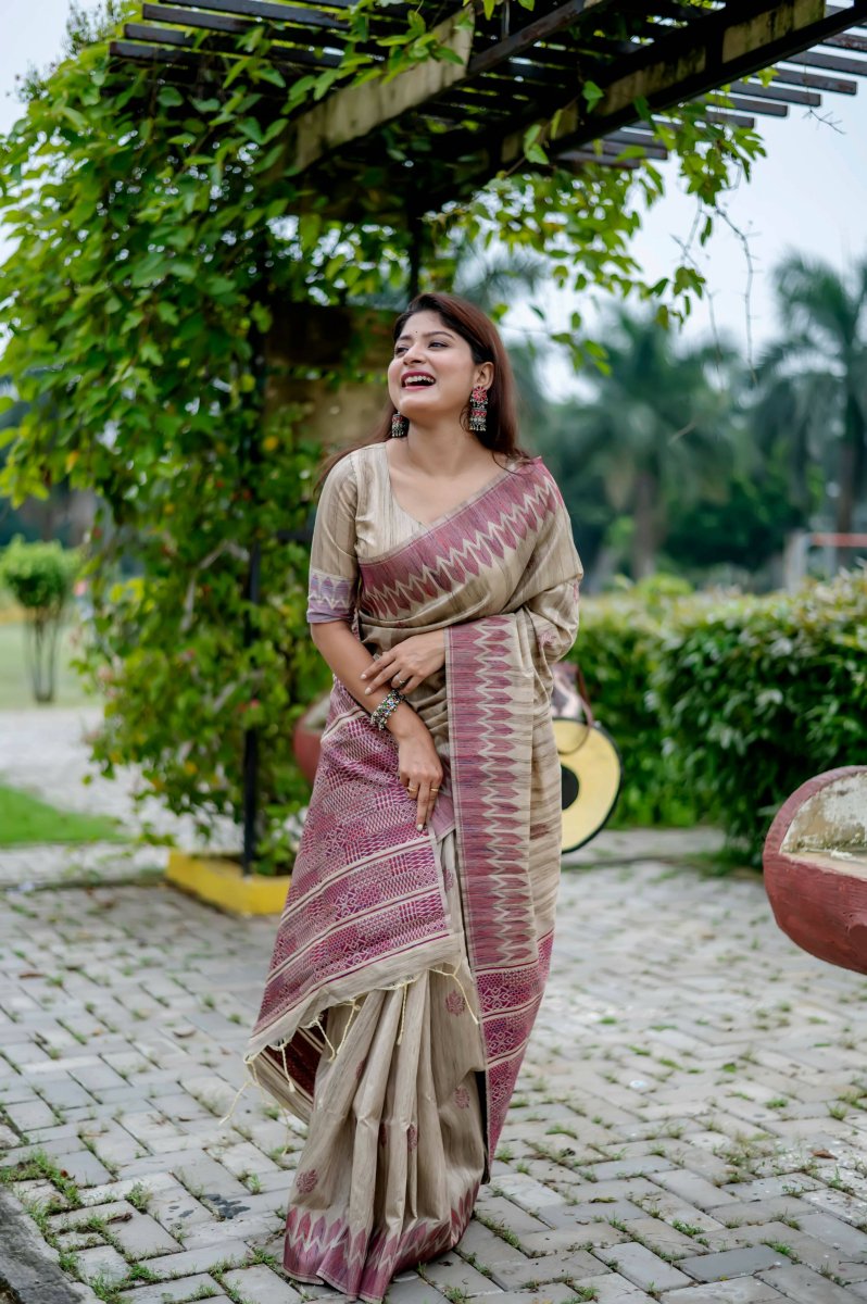 Aastha Fashion Wine Thread Woven Handloom Tussar Silk Saree with Blouse - Grab2buy