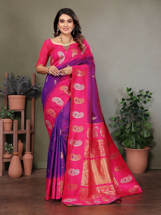 Joban Fashion Banarasi Purple Butti Soft Silk Saree | Swadesiicart