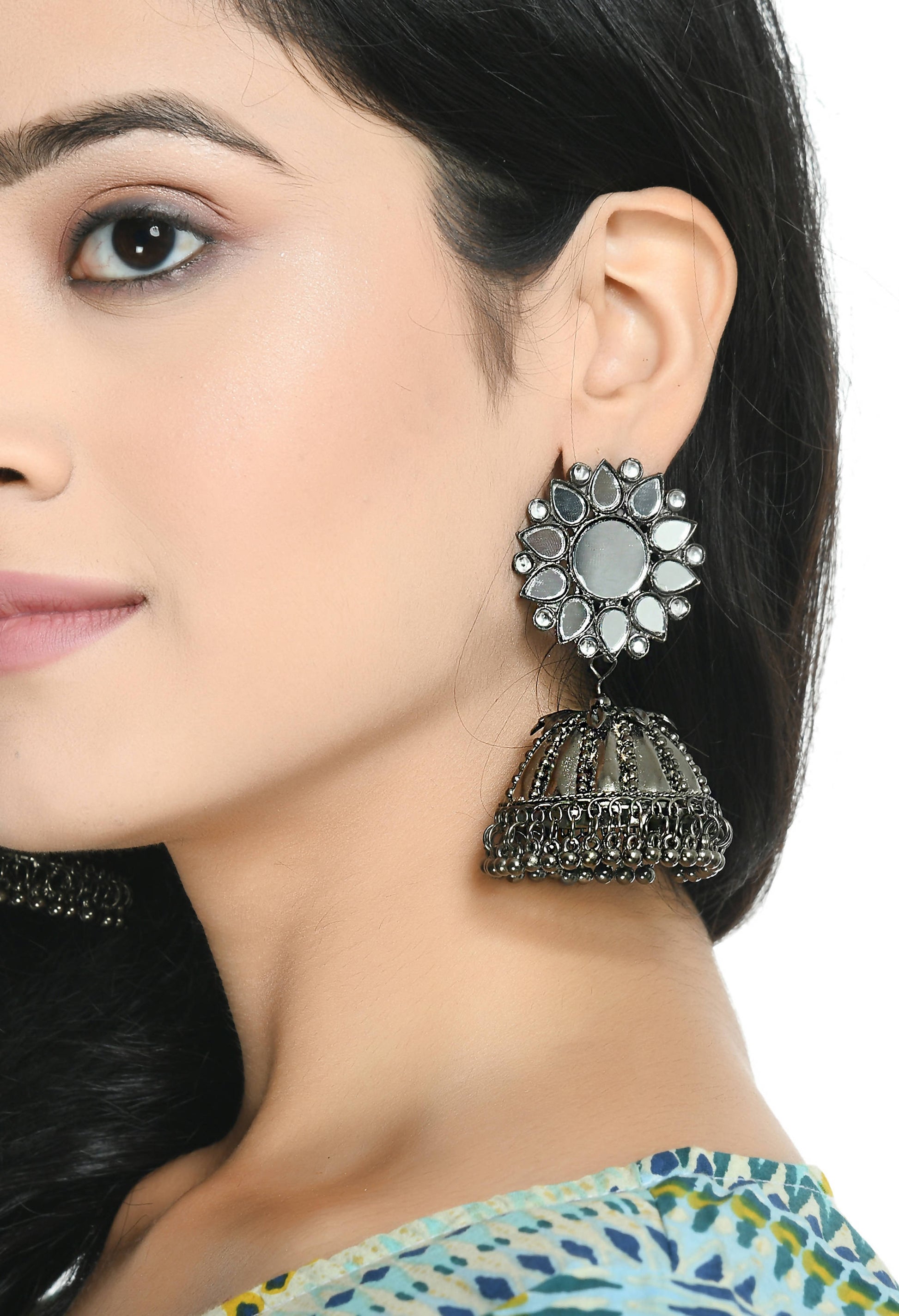 Mominos Fashion Johar Kamal Silver-Plated With Mirror Earrings Jhumkas - Grab2buy