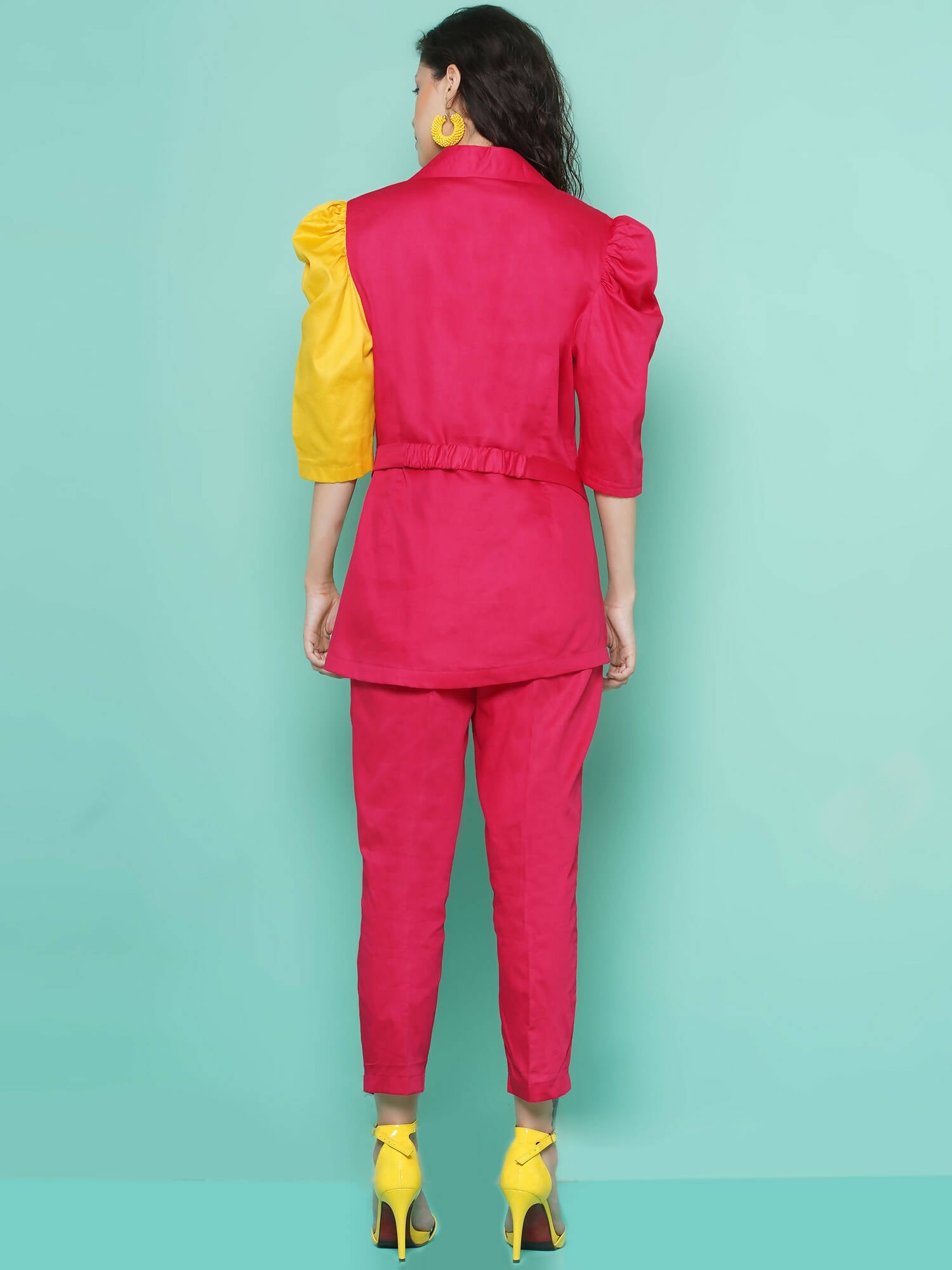 Women Republic Pink And Yellow Cotton Silk hand Embellished Coord set with Pouch - Grab2buy