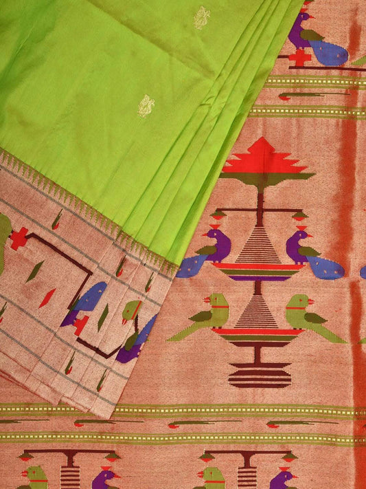 Light Green Paithani Silk Handloom Grab2Buy with Peacock-Parrot Border Design - Global Threads