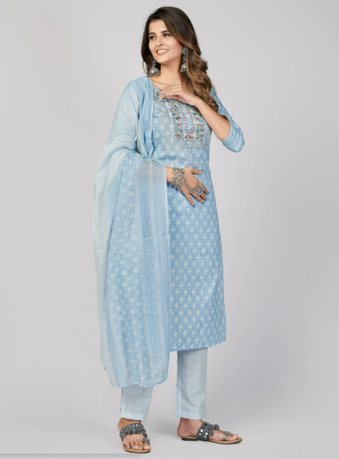 NOZ2TOZ Women's Printed & Embroidered Straight Cotton Sky Blue Stitched Kurta Pant With Dupatta (3Pcs Set) - Grab2buy