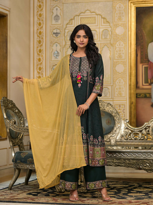 Juniper Women's Green Floral Printed Rayon Kurta Pant With Dupatta Set With Thread Work & Tassels