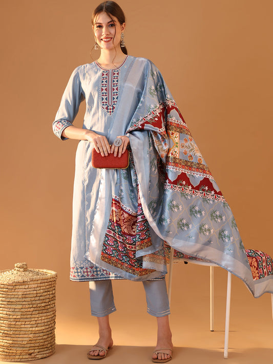 NOZ2TOZ Blue Embroidered Kurta Set with Dupatta - Graceful Sequins Design
