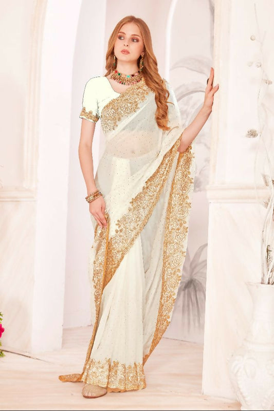PR Fashion White Fendi Two Tone Silk Heavy Zari & Resham Embroidery Work With Heavy Zircon Work Saree