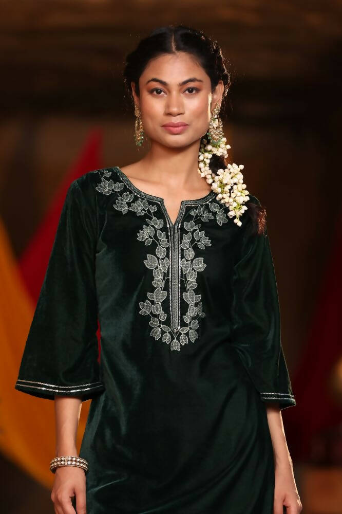 Juniper Women Jadegreen Velvet Embroidered Straight Kurta Sets - Grab2buy