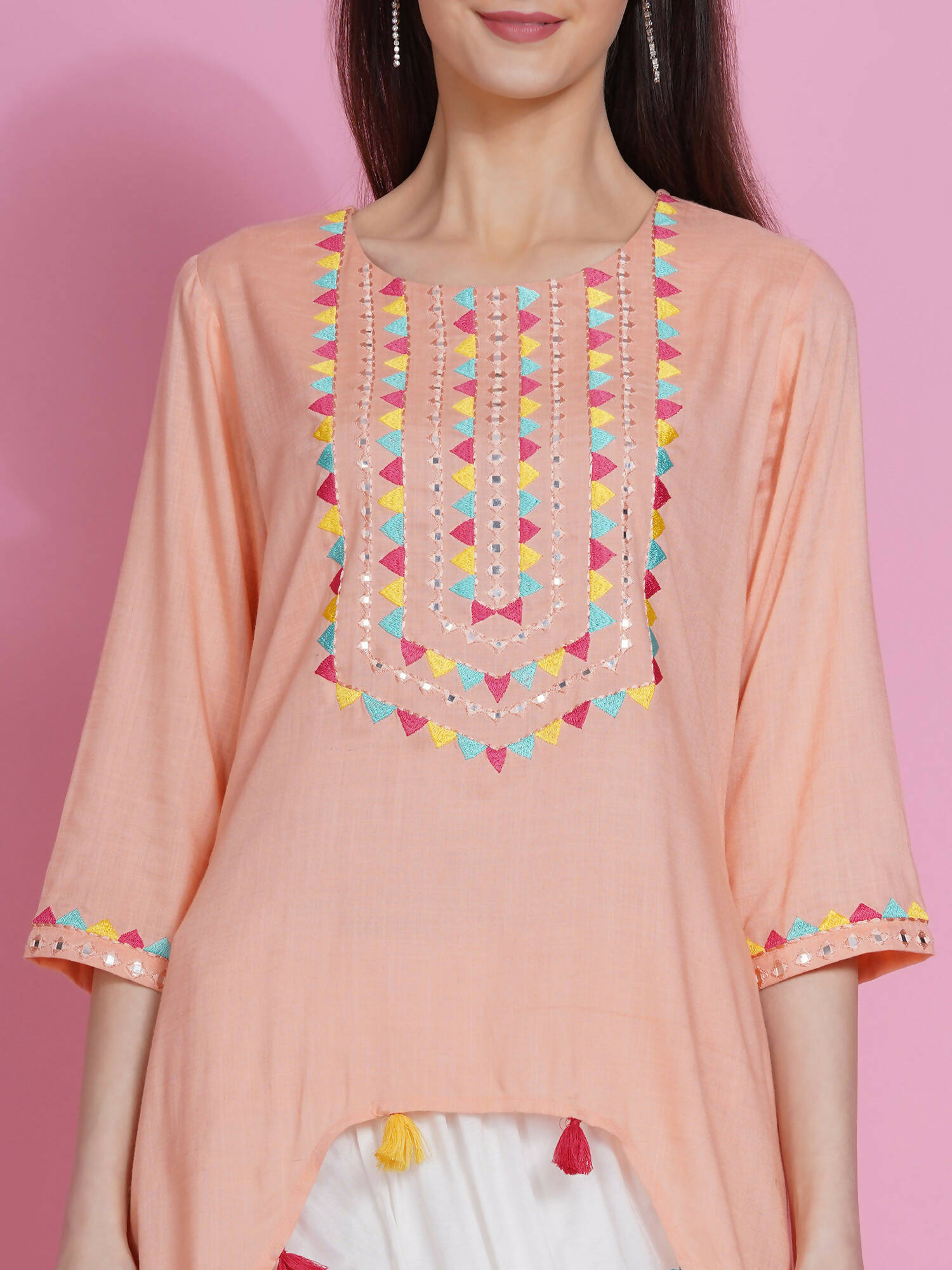 Women Republic Peach Rayon Embroidered Kurta With Mirror Work And Tulip Pants - Grab2buy