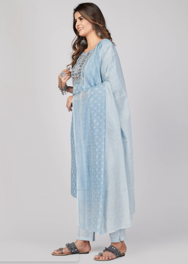 NOZ2TOZ Women's Printed & Embroidered Straight Cotton Sky Blue Stitched Kurta Pant With Dupatta (3Pcs Set) - Grab2buy