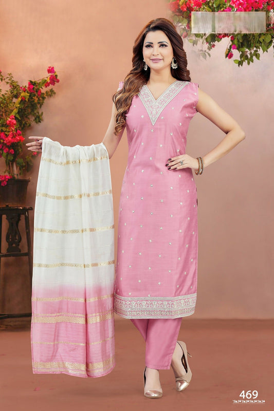 Joban Fashion Women Chanderi Silk Baby Pink V Neck Emroidery Kurta Set