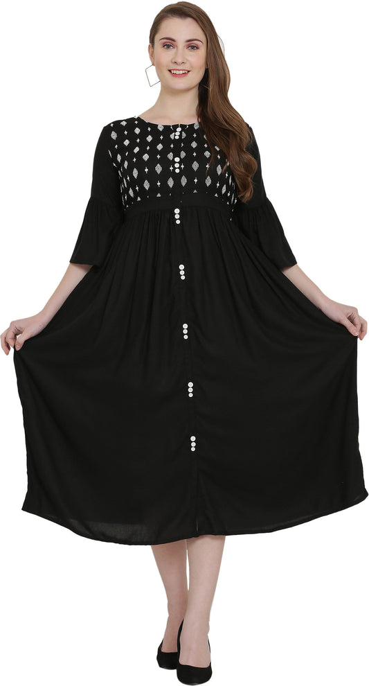 PAVONINE Black Color Embroidery Work With Button Dress For Women