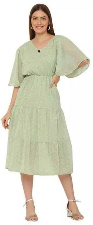 PAVONINE Micro Dots V-Neck Georgette Fabric Pista Dress For Women