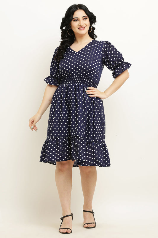 PAVONINE Micro Dots Waist Kansai Crepe Fabric Navy Blue Midi For Girls