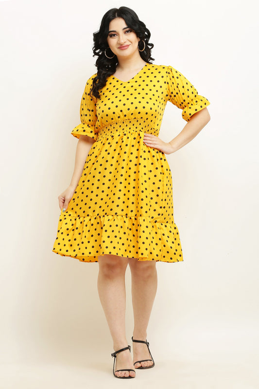 PAVONINE Micro Dots Waist Kansai Crepe Fabric Mustard Midi For Girls