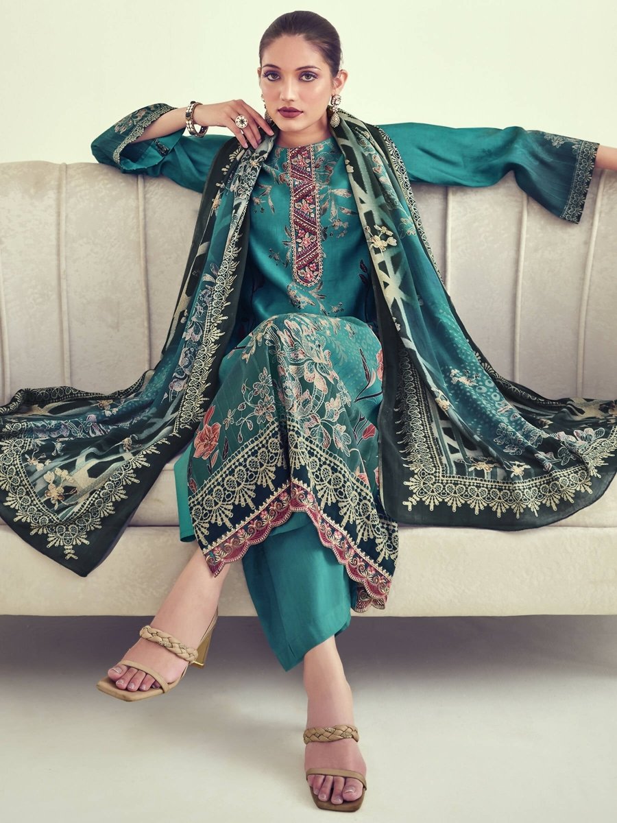 Aastha Fashion Women's Teal Muslin Floral Digital Print with Resham Thread work Kurta with Trouser & Dupatta - Grab2buy