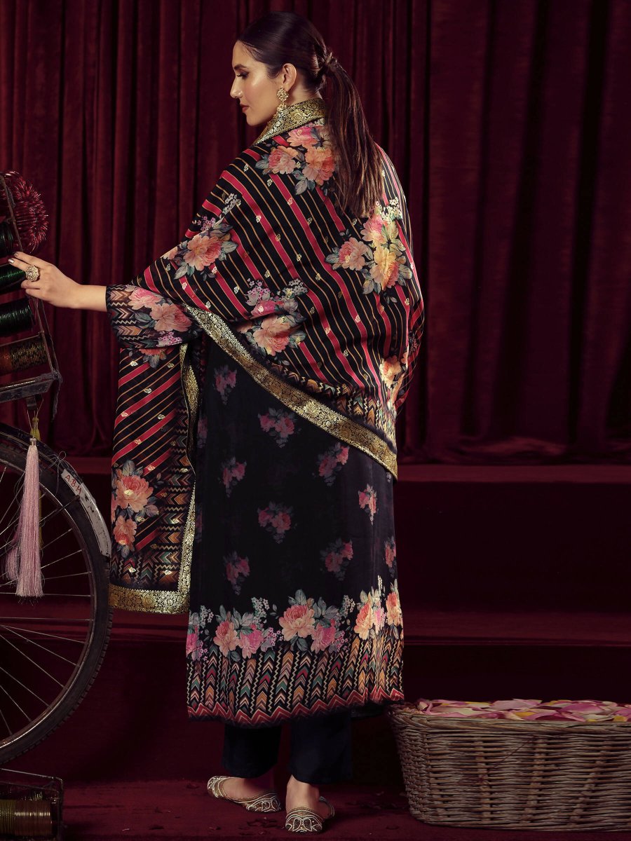 Aastha Fashion Women's Black Organza Jacquard Woven Kurta with Trouser & Dupatta - Grab2buy