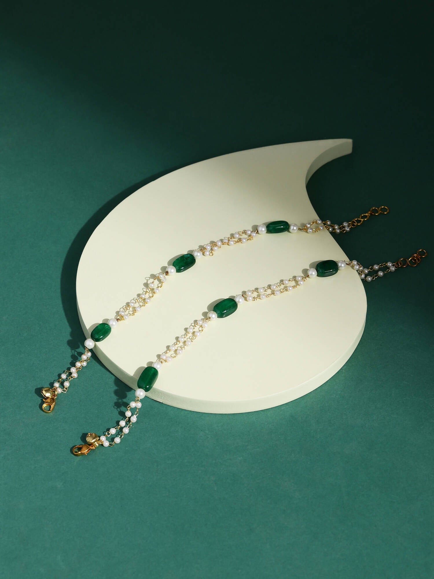 Gold-Plated White Green Pearl Beaded Anklets - Ruby Raang - Grab2buy