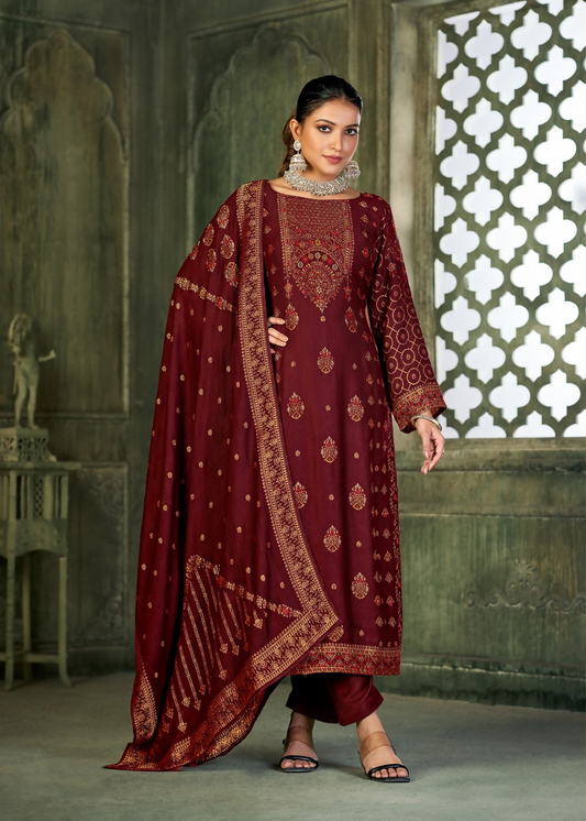 Maroon Viscose Pasmina Mina Work Kurta & Bottom with Dupatta - Natasha