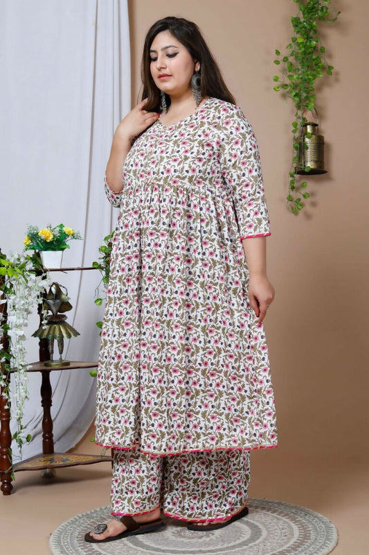 Miravan Women's Plus Size Cotton Floral Print Anarkali Kurta And Sharara Set