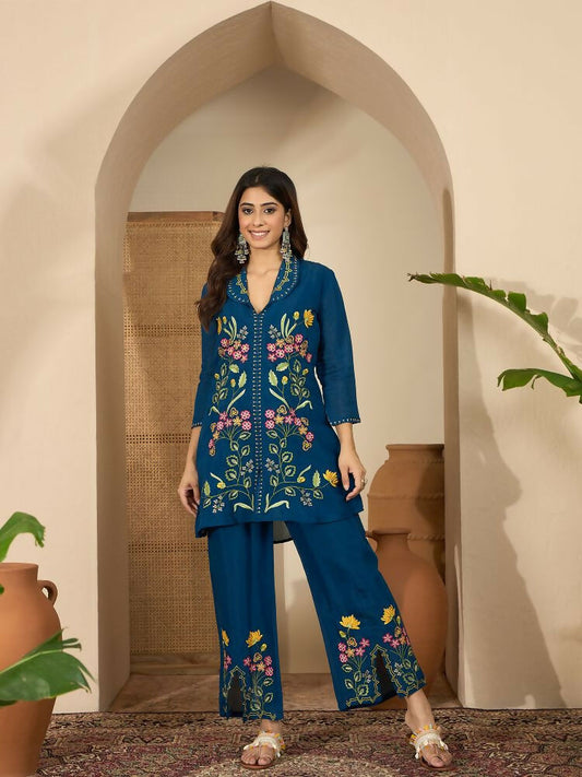 Joban Fashion Women Blue Roman Silk Embroidered Stitched Kurta Set