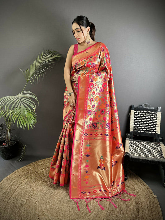 Joban Fashion Rani Pink Intricate Zari Weaving & Vibrant Motifs Soft Silk Paithani Saree