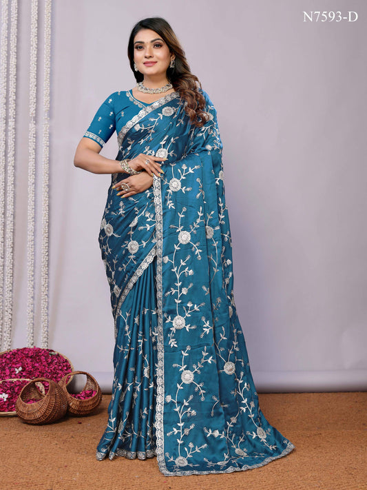 Blue Pure Satin Embroidered Saree With Stitched Blouse - Nimaya Kaksha