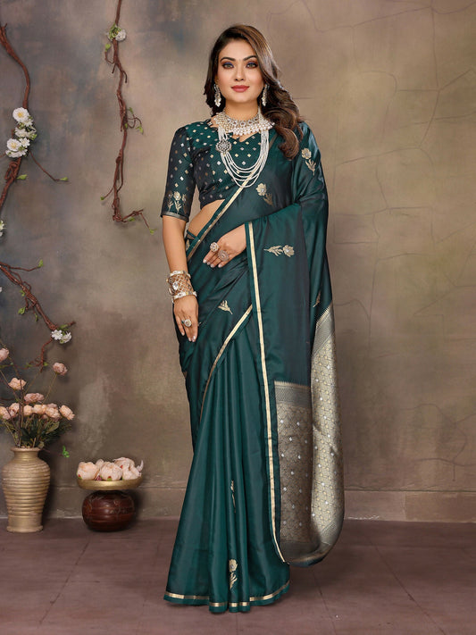 Joban Fashion Dark Green Floral & Botanical Motifs Satin Silk Banarasi Silk Saree