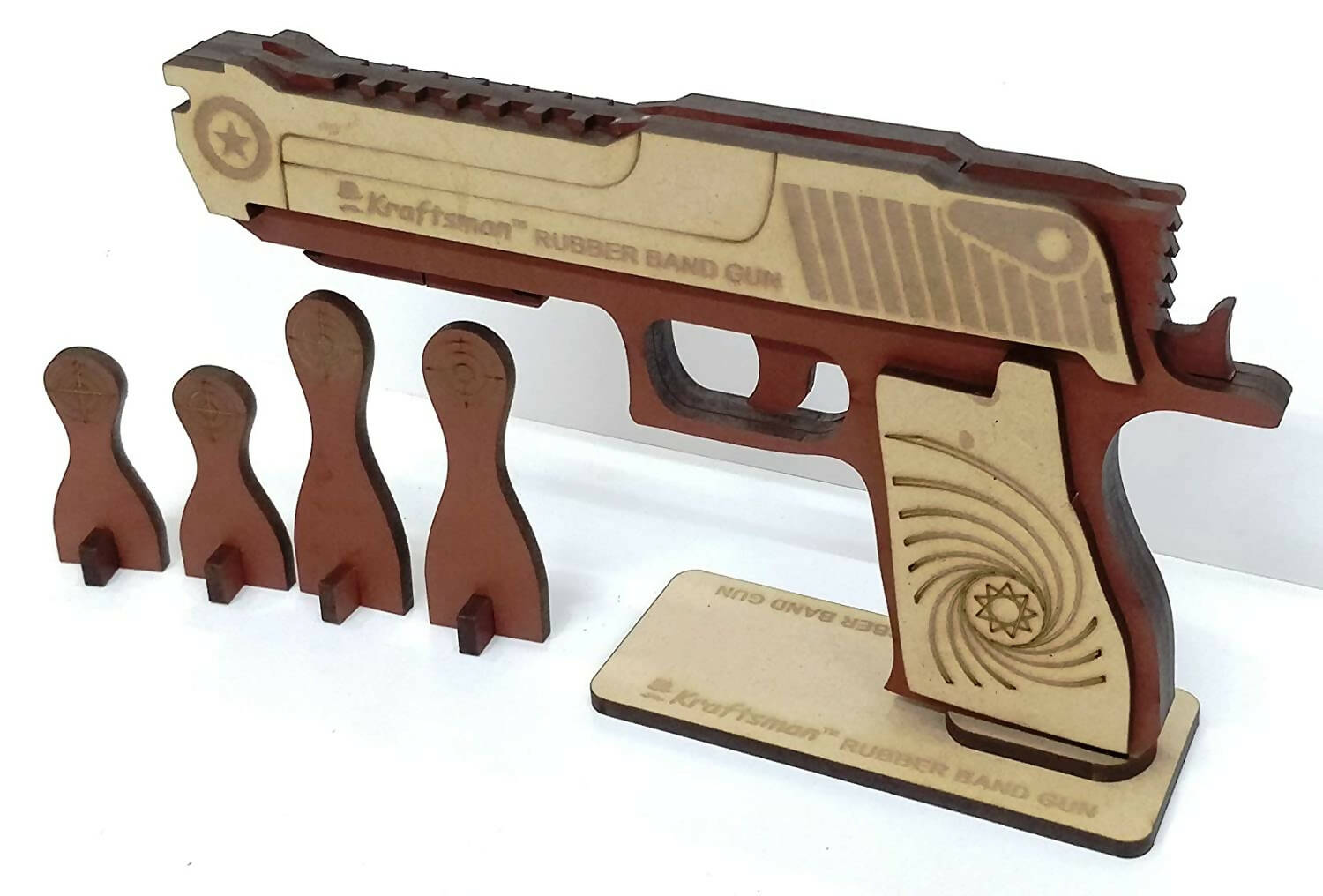 Kraftsman Kraftsman Semi-Automatic Wooden Rubber Band Shooting Gun Toys for Kids & Adults with Target | 5 Rapid Fire Shots (Dark Brown) - Grab2buy