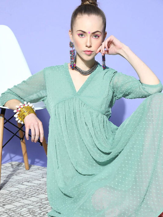 Janasya Women Green Woven Design Dobby Weave Kurta