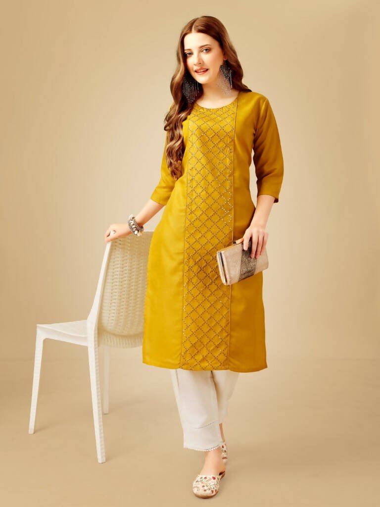 Aastha Fashion Women's Yellow Cotton Blend Embroidered Kurta Pant Set - Grab2buy