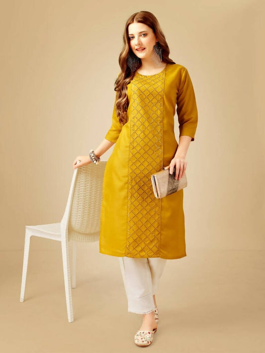 Aastha Fashion Women's Yellow Cotton Blend Embroidered Kurta Pant Set - Grab2buy