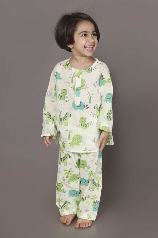 Breathables White Blue-Green Animal Cotton Nightsuit | Boys & Girls Kids