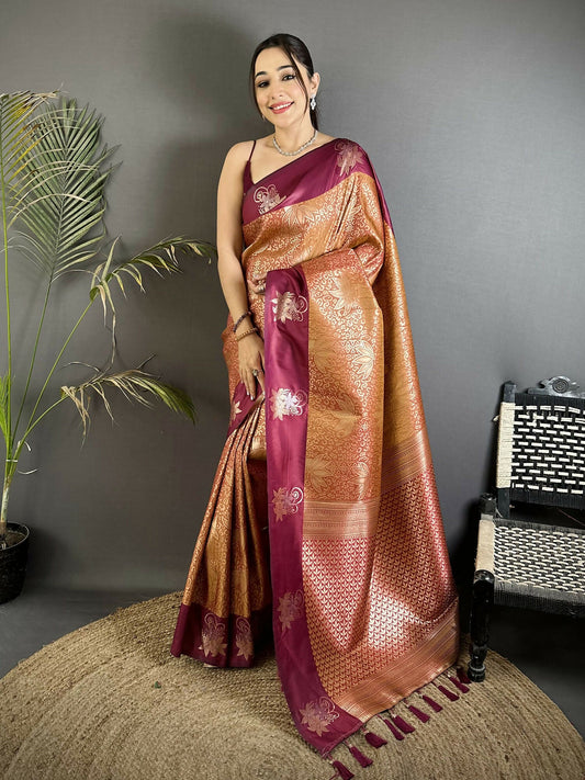 Joban Fashion Wine Intricate Zari Weaving Soft Silk Dharmavaram Saree
