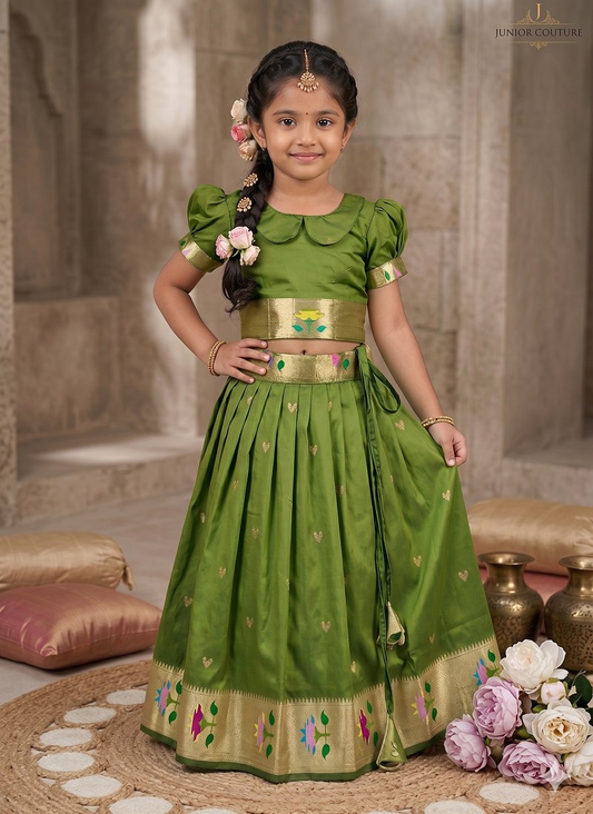 Evanik Green Soft Silk Paithani Design Zari Weaving Pavadai Lehenga Choli For Kids