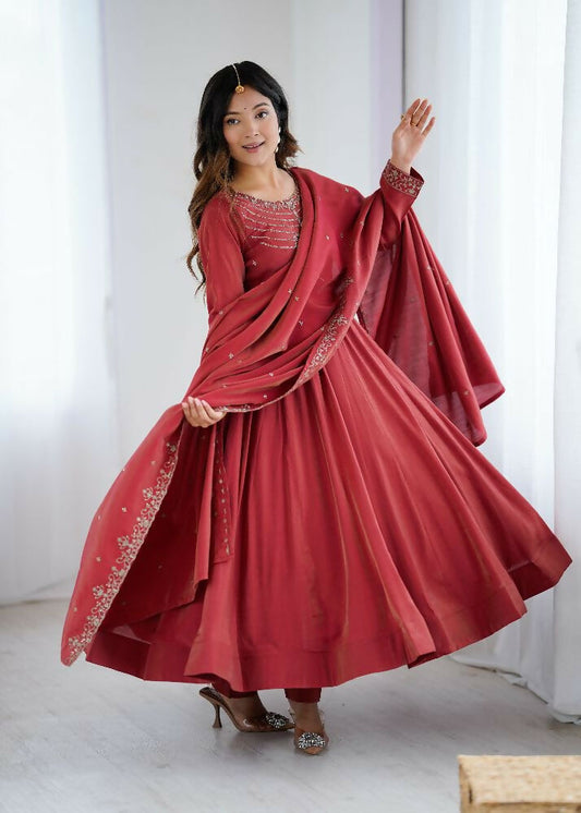 Joban Fashion Maroon Kurta Set Chanderi Sequence Embroidery Work