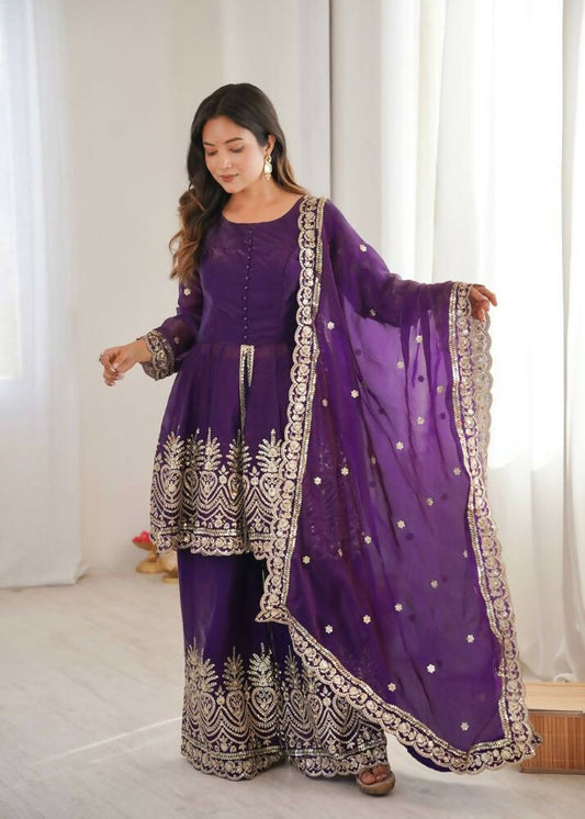 Teeya Creation Purple Color Fendy Satin Silk Embroidery Work party Wear Salwar Suit