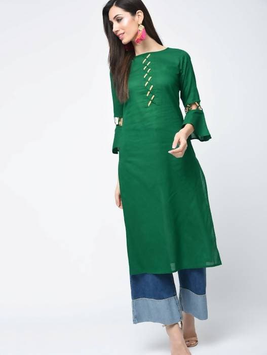 Aniyah Cotton Criss Cross Bell Sleeves Straight Thick Green Kurta (AN-101K) | Grab2Buy