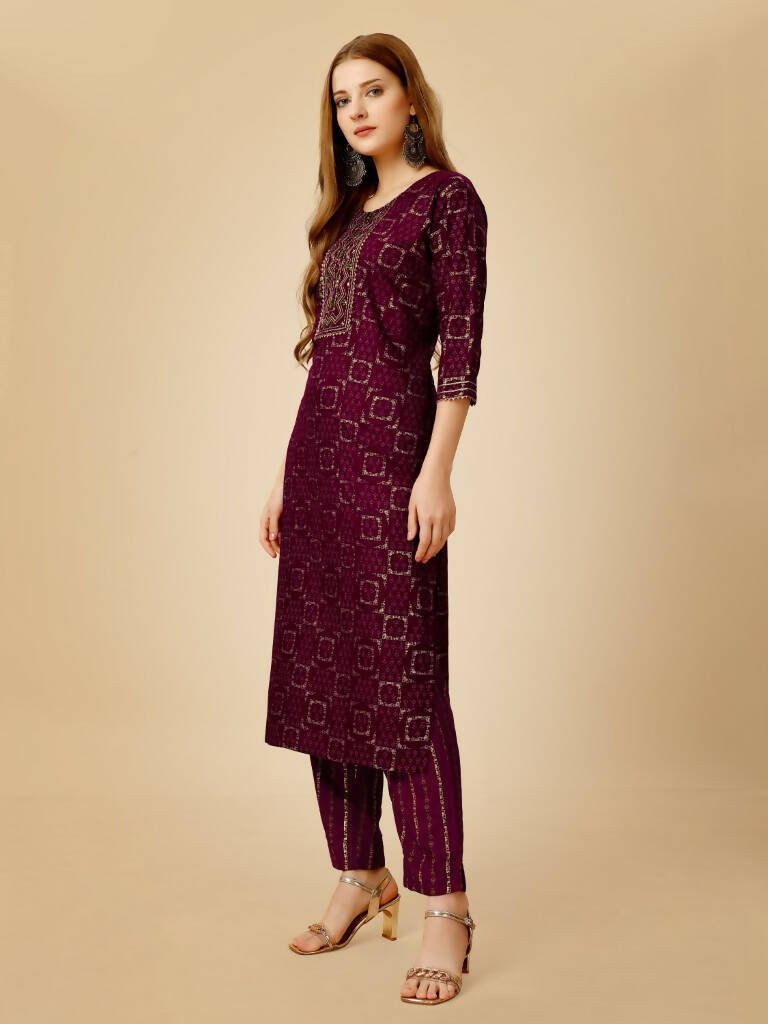 Aastha Fashion Women's Wine Viscose Rayon Embroidered Kurta Pant Set - Grab2buy