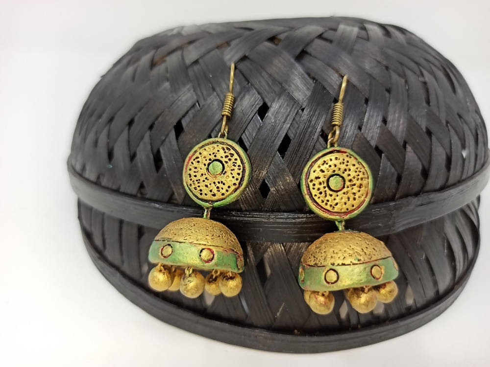 Terracotta Hanging Stud Jhumkas-Pearl Green And Gold