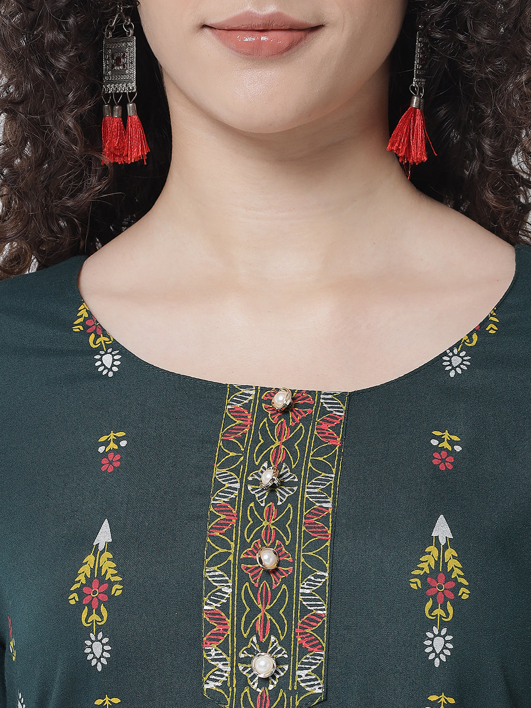 NOZ2TOZ Mustard Yellow Ethnic Motifs Striped Keyhole Neck Mirror Work Block Print Kurta - Grab2buy