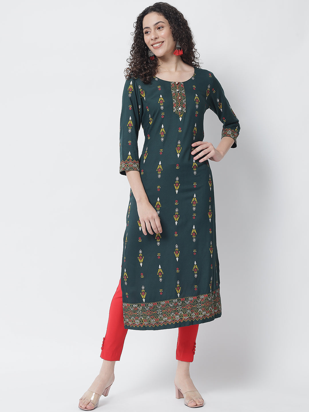 NOZ2TOZ Mustard Yellow Ethnic Motifs Striped Keyhole Neck Mirror Work Block Print Kurta - Grab2buy