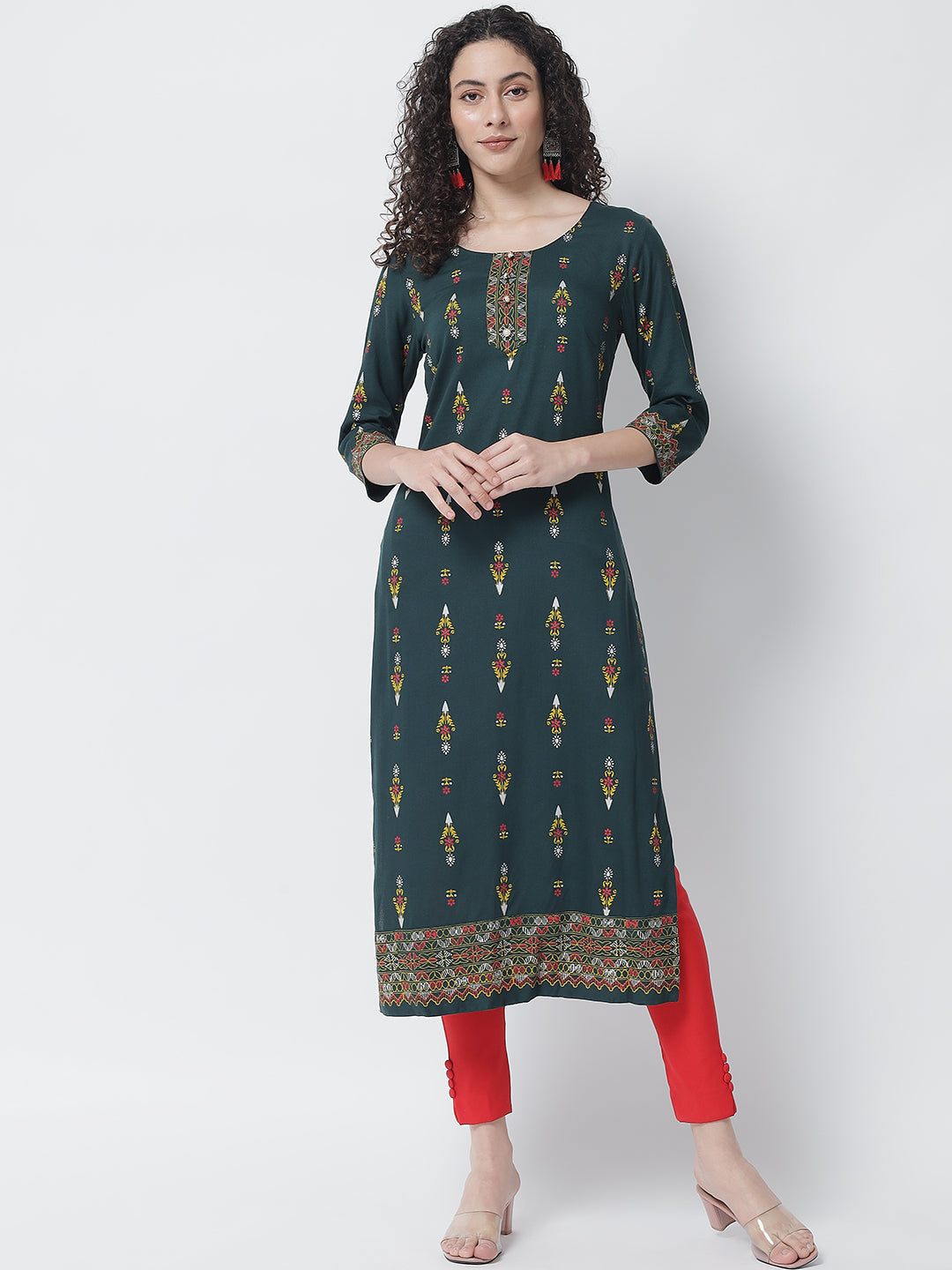 NOZ2TOZ Mustard Yellow Ethnic Motifs Striped Keyhole Neck Mirror Work Block Print Kurta - Grab2buy