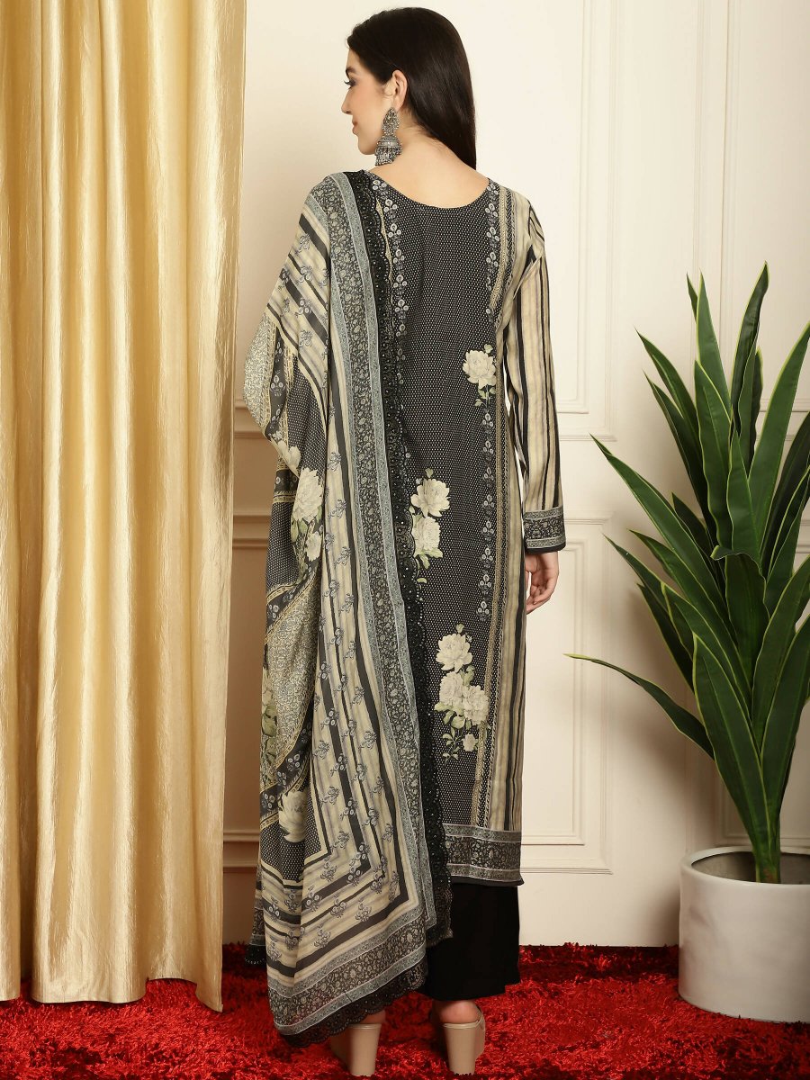 Aastha Fashion Women's Black Pashmina Digital Printed with Embroidered Lace work Kurta with Trouser & Dupatta - Grab2buy
