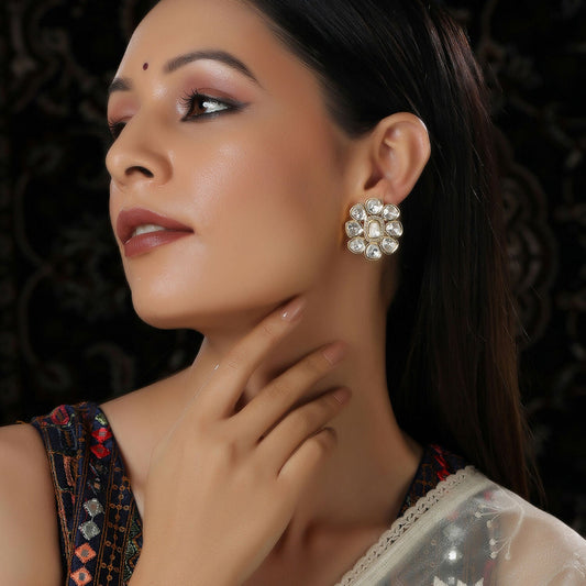 Oversized Round Kundan Studs (Gold) - Ruby Raang | Grab2Buy