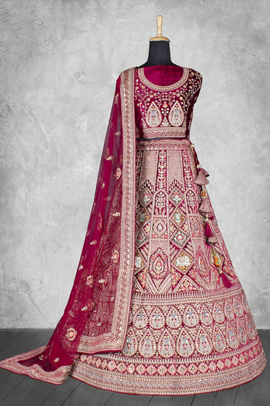 Dark Red Velvet Pure Mirror Work Semi Stitched Lehenga Choli with Dupatta - Nimaya Lagnotsav