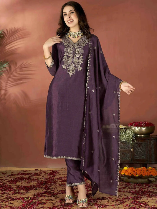 The52 Wine Women's Gorgeous Vichitra Fabric Embroidered Work Straight Kurta Pant and Dupatta Set | Grab2Buy