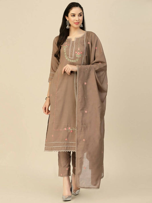 Brown Embroidered Chinon Straight Kurta With Trouser & Dupatta - Salimar